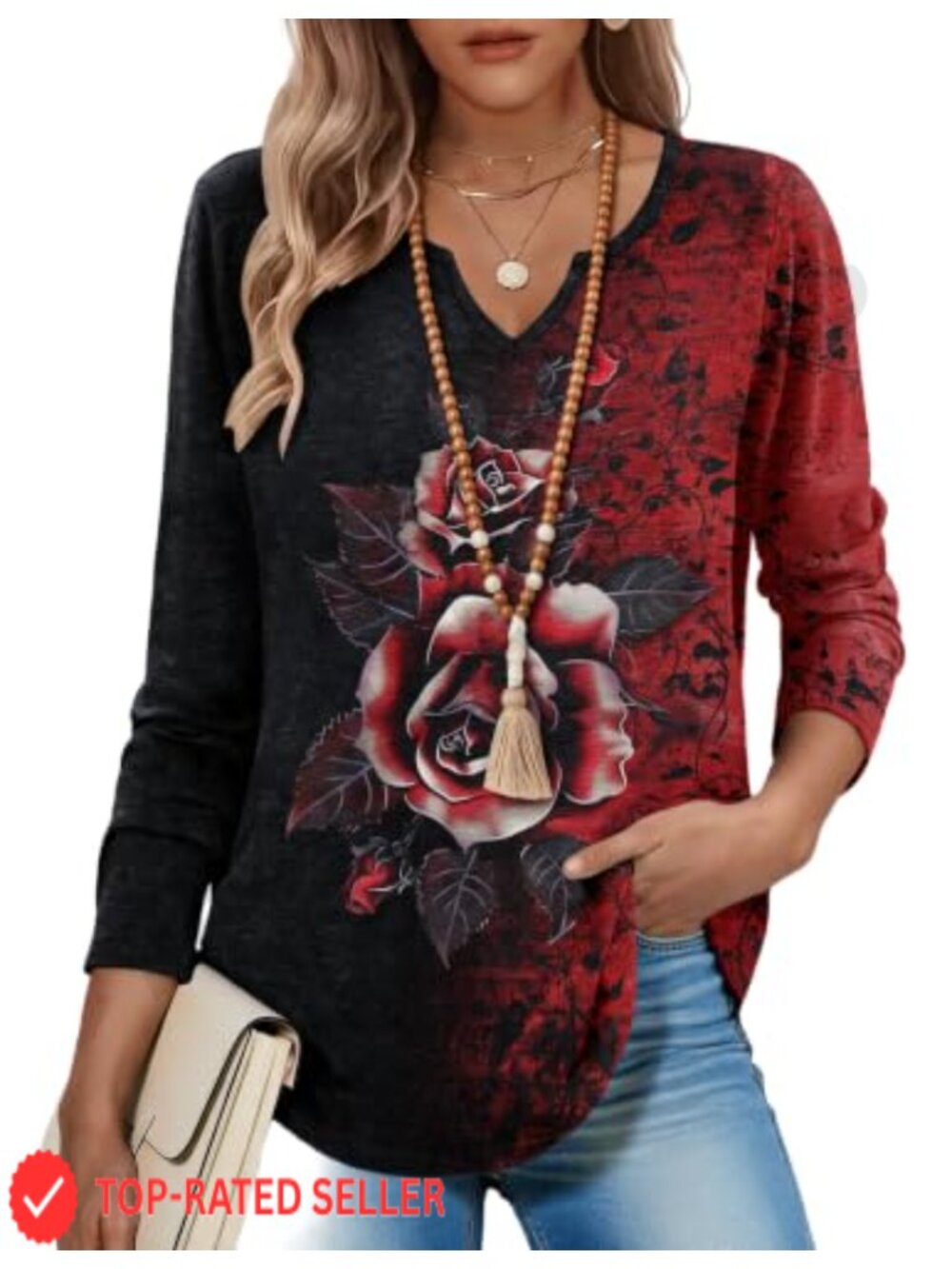 Women's Long Sleeve V-Neck Tunic Top Curved Hem Floral Print Casual